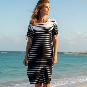 New Chicos XL $60 Black White Stripe Tie Sleeve Rayon Stretch Summer Dress